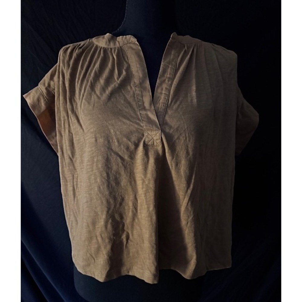 Loft Petites Cap Sleeve Slub Knit Split Neck Blouse Tan Brown Womens SP